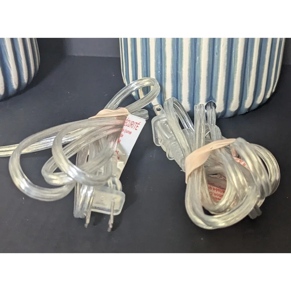 Blue and White Striped Glossy Ceramic Table Lamps Set of Two W/Linen Shades
